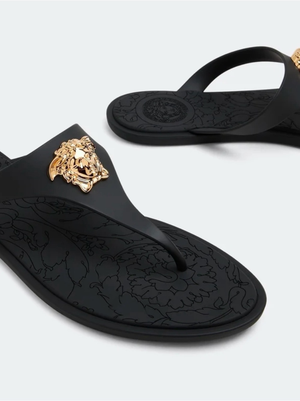 Versace Black Flip FlopJelly  Sandals with Gold Medallion